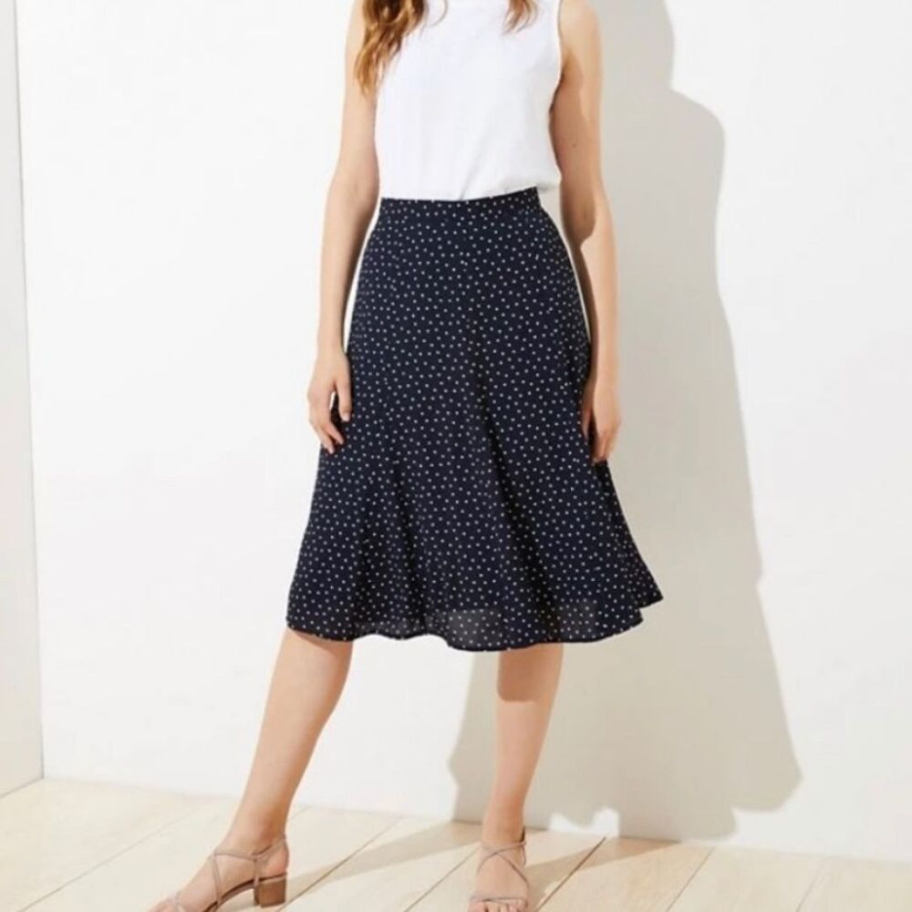 LOFT Polka Dot Godet Midi Skirt Size 10 Navy Blue Chiffon New